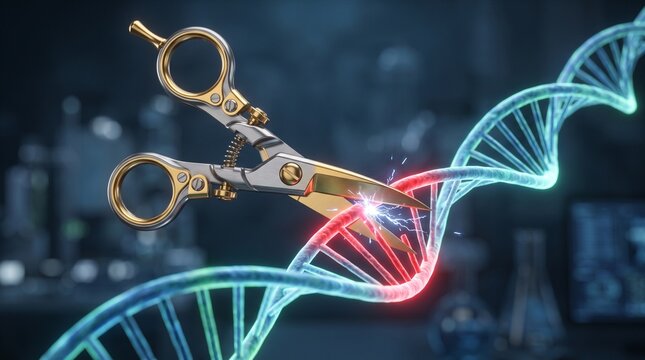 Dramatic 3D illustration of precision CRISPR scissors cutting glowing DNA strand at highlighted red gene sequence. Gold mechanical scissors, electric sparks at cut point. Biotechnology editorial conce