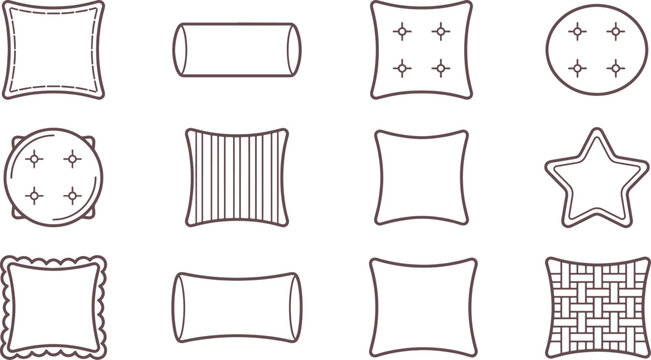 Collection of various pillow and cushion including square, round, star, and striped in a simple black and white line style