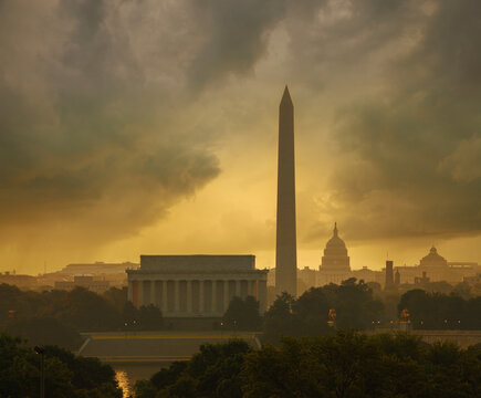 Washington DC city skyline under stormy dramatic clouds