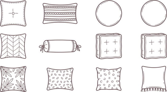 Set of decorative cushion and pillow featuring various textures, patterns, tassels, and shapes for home interior in line