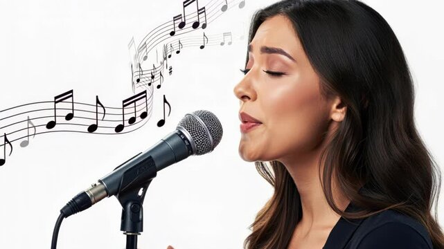 Melody in Motion: A captivating woman performs a soulful melody, her eyes closed in concentration as musical notes dance around her. Capturing the essence of a passionate singer lost in her art.