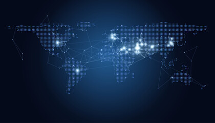 Glowing Network World Map With Blue Digital Connections And Abstract AI Data Background © ellyson