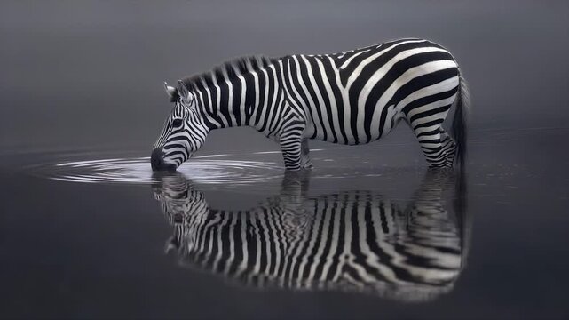 A zebra with distinctive black and white stripes drinks from calm, reflective water