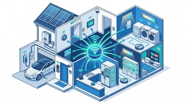 Detailed isometric illustration of smart home IoT ecosystem with all connected devices linked by glowing wireless signals. Clean blue-white palette. Professional home automation technology concept, wh