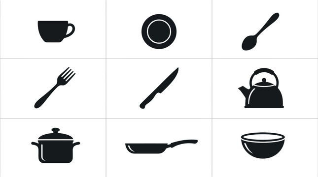 Black kitchen utensils and dishware icons.