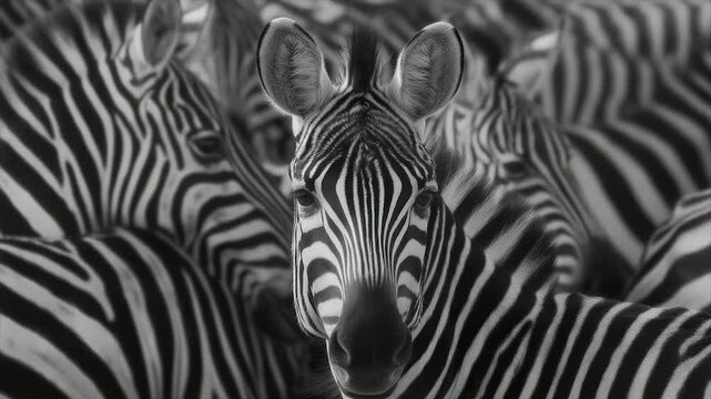 A close-up of a zebra's face, its striped pattern standing out, with blurry background zebras