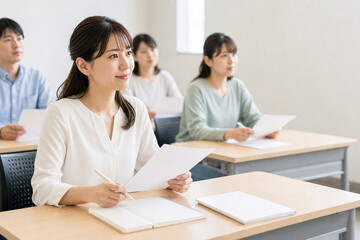 Fototapeta premium 成人向け消費者リテラシー研修で白紙資料を読む女性