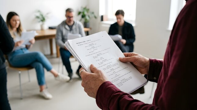 Person holding a stack of printed script pages while standing in a bright room with other people sitting in the background during an acting rehearsal