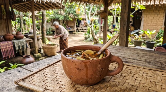 Traditional Indonesian herbal jamu drink served in a rustic clay mug.