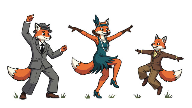Three anthropomorphic foxes dressed in vintage clothing, dancing joyfully in a field.