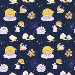 Mid-Autumn Moonlight Garden Seamless Pattern inspired by moonlit gardens. Featuring a full moon, moon gate, jade rabbit, lotus flowers, crescent moon, and traditional oriental motifs. © migart