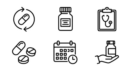 Fototapeta premium Medical Icons: Pills, Calendar, Doctor's Clipboard, Pharmacy Bottles, Healthcare Vector Set