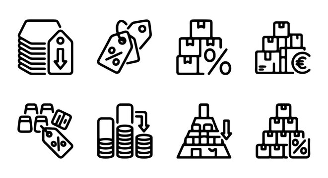 Discount Icons Set, Price Tags, Stacked Boxes, Sales Symbols, Commerce Graphics