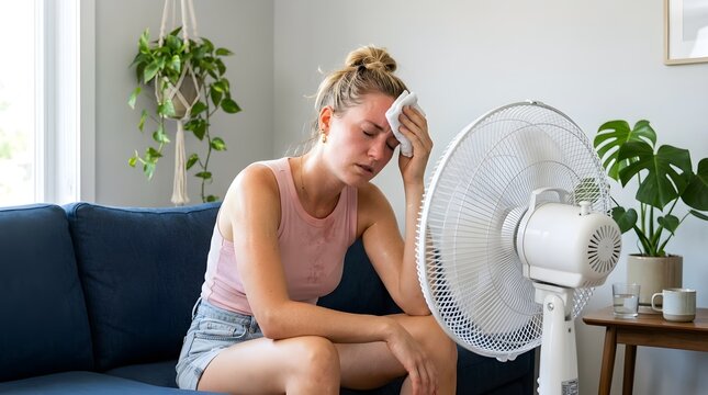 Exhausted young woman suffering from intense summer heat waves sits on a blue sofa while wiping her sweaty forehead with a white cloth near electric fan