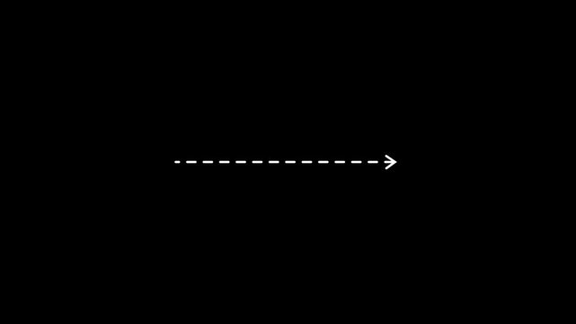 Animated white dashed arrow line pointing right on black background, animated white dashed line path with directional arrowhead moving across a clean, Seamless looping progress bar animation.