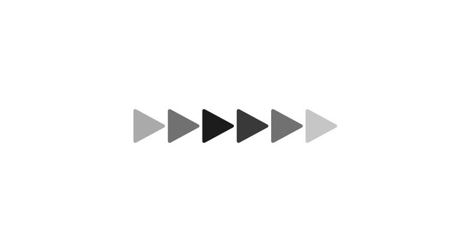 A row of simple grey triangular arrow shapes arranged in a horizontal line pointing to the right on a white background, black right arrow pointer icon. abstract arrow icon loading animation.