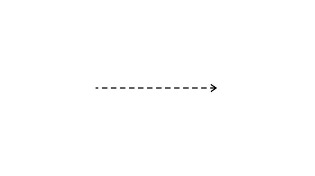 Animated black dashed arrow line pointing right on white background, animated white dashed line path with directional arrowhead moving across a clean, Seamless looping progress bar animation.