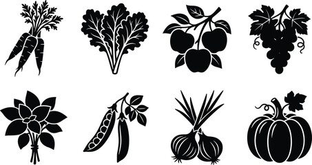 Obraz premium Black and white vegetable and fruit silhouette vector icon set for organic food design