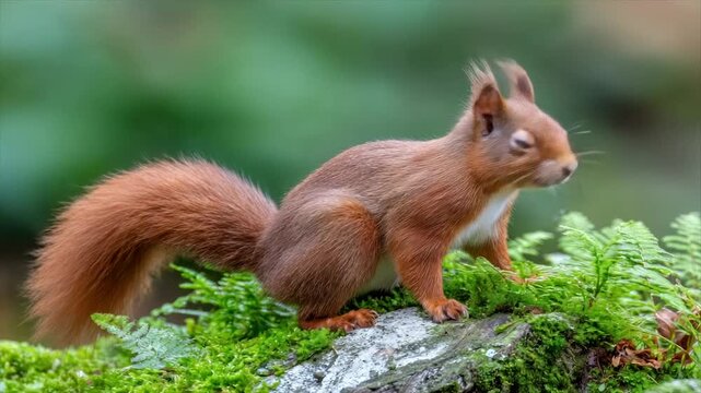 A red squirrel with a fluffy tail perched on a mossy surface amongst green foliage
