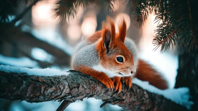 A close-up of a squirrel perched on a snow-covered branch in a winter forest setting