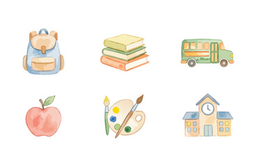 Fototapeta premium Watercolor school icons set on white background