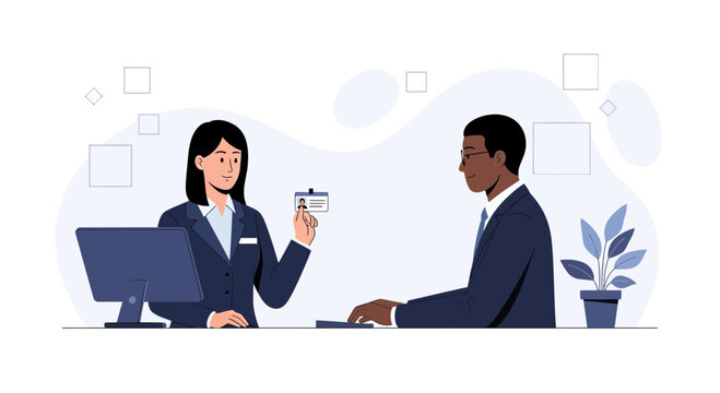 Businesswoman presents ID badge to businessman at reception desk with computer and potted plant, modern office.