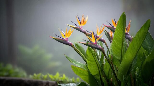 Vibrant bird-of-paradise flowers with orange, yellow, and blue amidst lush green foliage