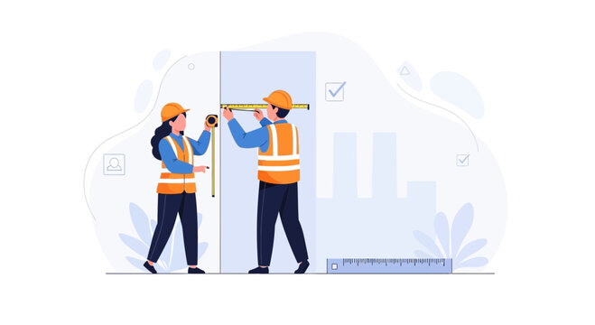Construction workers measuring dimensions with tape measure and ruler, vector illustration concept.