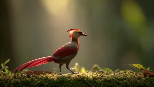 A vibrant bird with red and cream plumage perches on mossy ground, sunlight streaming through