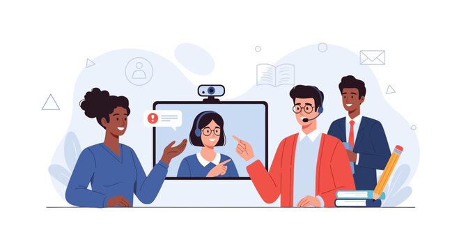 Diverse team collaborating online using video conference, teamwork, virtual communication, and remote work concept