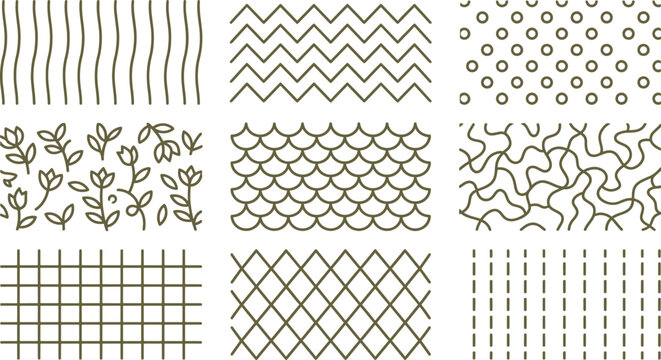 Set of nine seamless linear patterns featuring vertical lines, zigzags, polka dots, floral stems, fish scales, wavy lines, grids, and diamonds