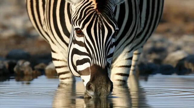 A striking close-up of a zebra drinking from a tranquil body of water, focus on its face