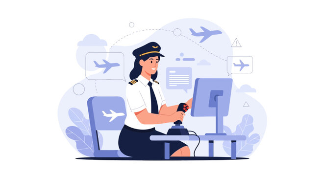 Female Pilot Controlling Aircraft in Simulator - Modern Vector Illustration