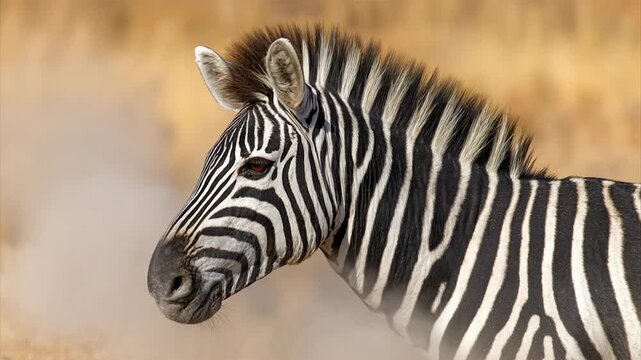 A close-up of a zebra's head and neck with a dusty, blurred background