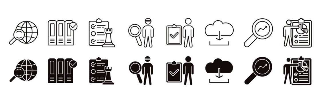 Case study icon set. analyzing, and result vector illustration concept