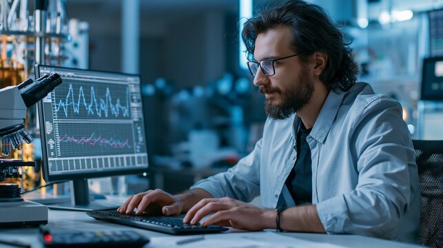 Engineer in a modern lab studying error-correction graphs beside a quantum device, focused mood, cool rim lighting, three-quarter composition.
