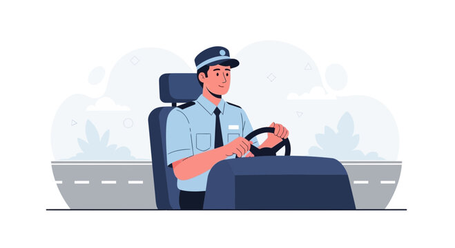 Male Driver in Uniform Behind the Wheel of a Car, Flat Illustration Style