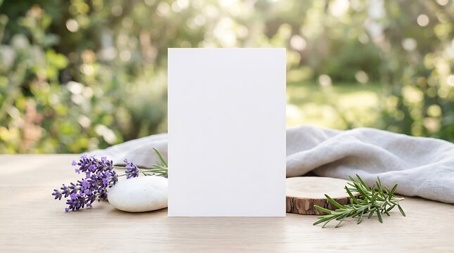 Blank paper card with lavender and rosemary on a table