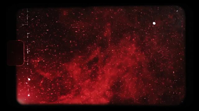 Vintage film texture with red dust, grain, and scratches forming abstract retro background, cinematic nostalgic atmosphere, red smoke black background particle, dramatic mysterious glowing creative