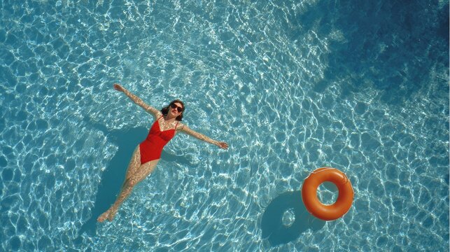 Woman floating in blue swimming pool wearing red swimsuit and sunglasses, relaxing on water with sunlight reflections, peaceful summer vacation concept and leisure lifestyle by the pool.