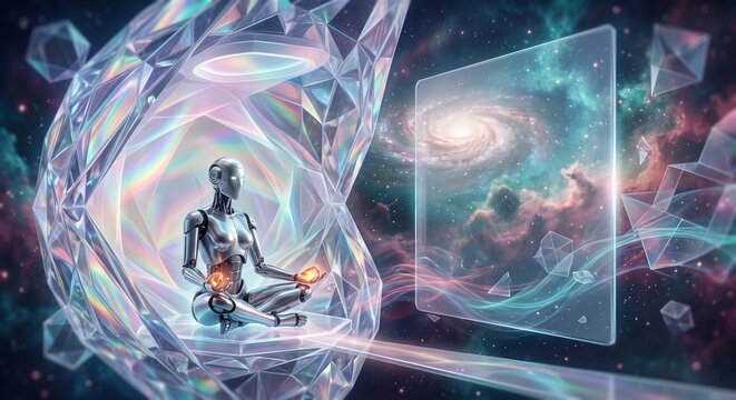 Artificial intelligence robot meditating inside an iridescent crystal pod with a blank holographic screen and cosmic nebula background, copy space