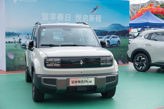 ZHONGSHAN GUANGDONG China-Aprill 11 2026: a off-white Baojun Yep Plus square compact all-electric off-road SUV car.