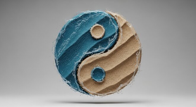3D render of a floating yin-yang sign made of textured blue stone and raked beige sand, surrounded by splashing water droplets, isolated on a clean light gray background.