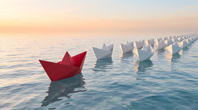 Distinctive red origami boat navigating ahead of white boats on a serene sea representing individuality teamwork and success.