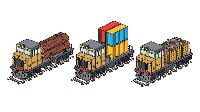 Three cartoon-style trains on railway tracks, each carrying different cargo: logs, containers, and rocks.