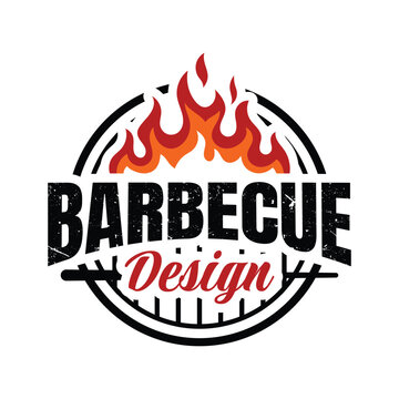 vintage circular barbecue design with fire and grill grid pattern