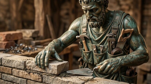 Bronze statue of a mason building a stone wall. Professional bricklayer installing fence blocks. Expert artisan performing construction work. Craftsmanship and home renovation concept.