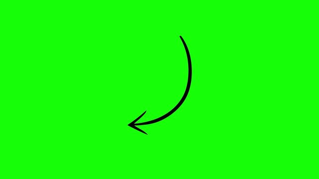 Hand-drawn arrow animation video. Black marker sketch arrow, curved directional arrow pointing left, green background, 4K video.
