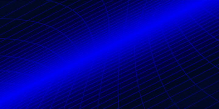 Glowing neon wireframe horizon background. Blue grid room floor in perspective. Bright retro futuristic wallpaper. Abstract checkered plane landscape. Game cyber surface. Vector backdrop