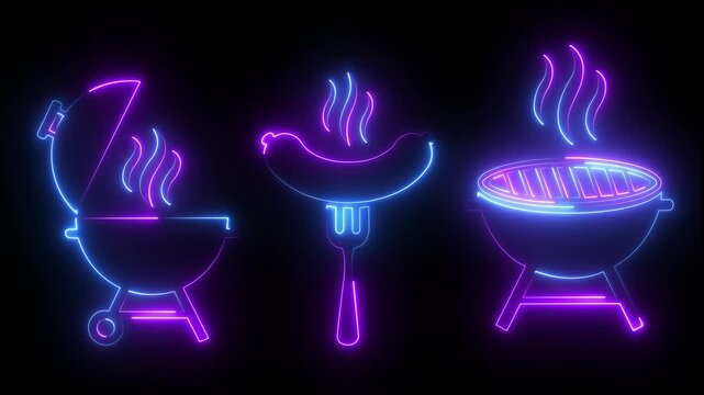 Neon bbq grill and sausage with glowing steam animation for restaurant and food marketing